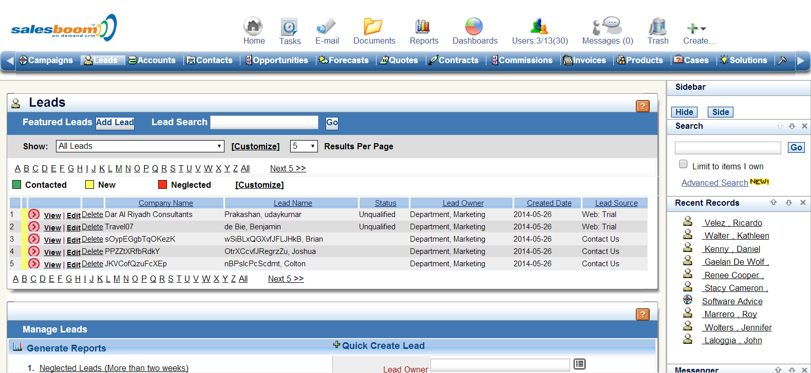 Sales Leads Screenshots | Salesboom Cloud CRM